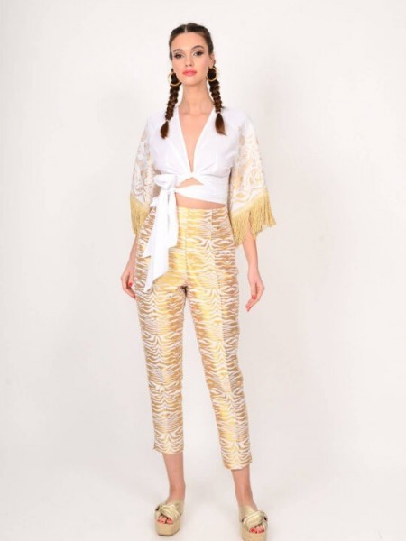 Zebra printed εκρού ζακάρ παντελόνι αστραγάλου , πλαϊνές τσέπες και λάστιχο στο πίσω μέρος We Coss