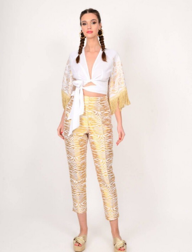 Zebra printed εκρού ζακάρ παντελόνι αστραγάλου , πλαϊνές τσέπες και λάστιχο στο πίσω μέρος We Coss