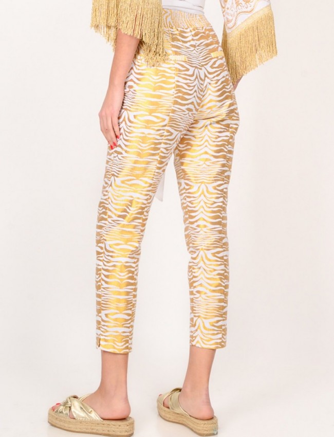 Zebra printed εκρού ζακάρ παντελόνι αστραγάλου , πλαϊνές τσέπες και λάστιχο στο πίσω μέρος We Coss