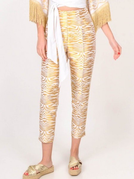 Zebra printed εκρού ζακάρ παντελόνι αστραγάλου , πλαϊνές τσέπες και λάστιχο στο πίσω μέρος We Coss