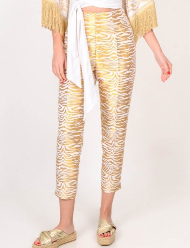 Zebra printed εκρού ζακάρ παντελόνι αστραγάλου , πλαϊνές τσέπες και λάστιχο στο πίσω μέρος We Coss