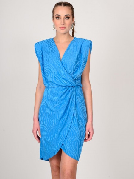 Γαλάζιο zebra printed κοντό αμάνικο κρουαζέ φόρεμα με βάτες στους ώμους και ελαστική μέση We Coss