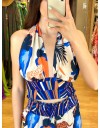 Εμπριμέ μπλε κοντομάνικο crop top με συνδυασμό υφασμάτων και δέσιμο πίσω στο λαιμό WE COSS