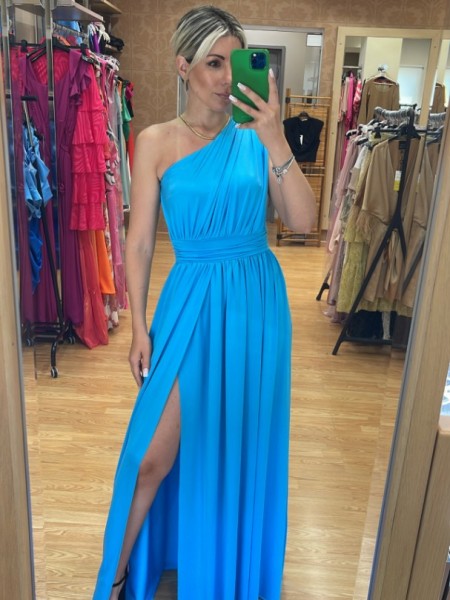Γαλάζιο αμάνικο maxi ζέρσεϋ φόρεμα με έναν ώμο και σκίσιμο στο πόδι We Coss