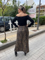 Animal printed bronze ψηλόμεση midi φούστα σε ίσια γραμμή, μπροστινές μικρές σούρες, σκίσιμο και κλείσιμο με κρυφό φερμουάρ στο πλάι We Coss
