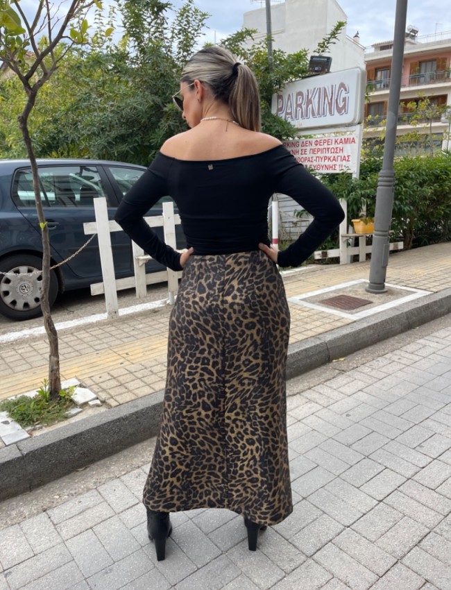 Animal printed bronze ψηλόμεση midi φούστα σε ίσια γραμμή, μπροστινές μικρές σούρες, σκίσιμο και κλείσιμο με κρυφό φερμουάρ στο πλάι We Coss