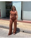 Σοκολά ψηλόμεση παντελόνα σε viscose ύφασμα, ίσια γραμμή, χωρίς τσέπες και λάστιχο στην μέση We Coss 