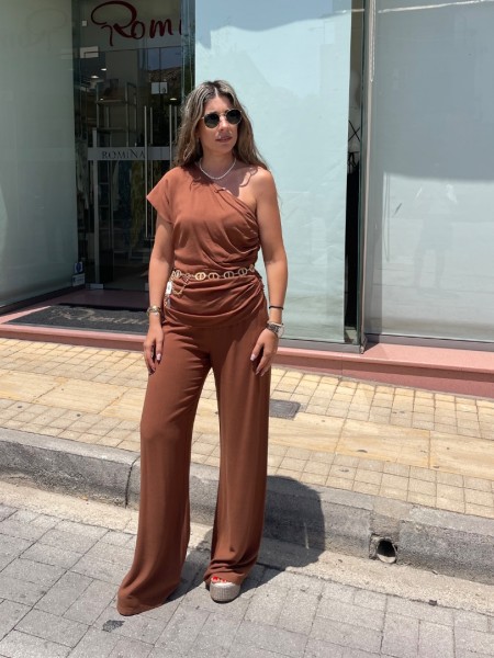 Σοκολά ψηλόμεση παντελόνα σε viscose ύφασμα, ίσια γραμμή, χωρίς τσέπες και λάστιχο στην μέση We Coss 