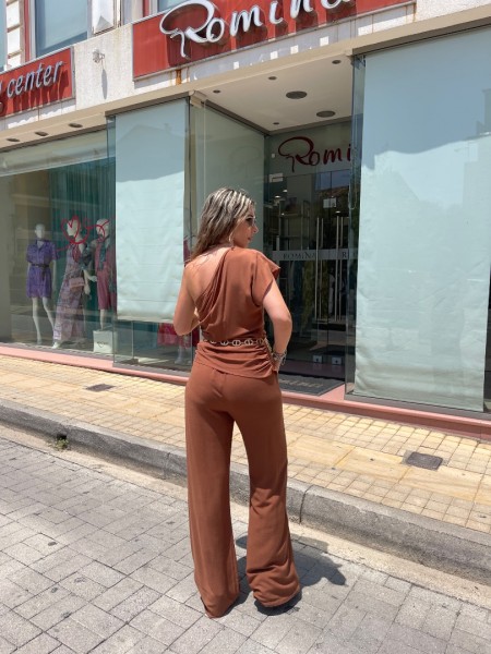 Σοκολά ψηλόμεση παντελόνα σε viscose ύφασμα, ίσια γραμμή, χωρίς τσέπες και λάστιχο στην μέση We Coss 