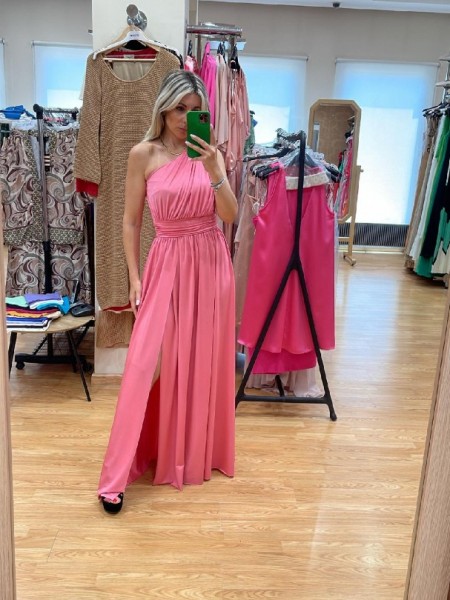 Ροζ αμάνικο maxi ζέρσεϋ φόρεμα με έναν ώμο και σκίσιμο στο πόδι We Coss