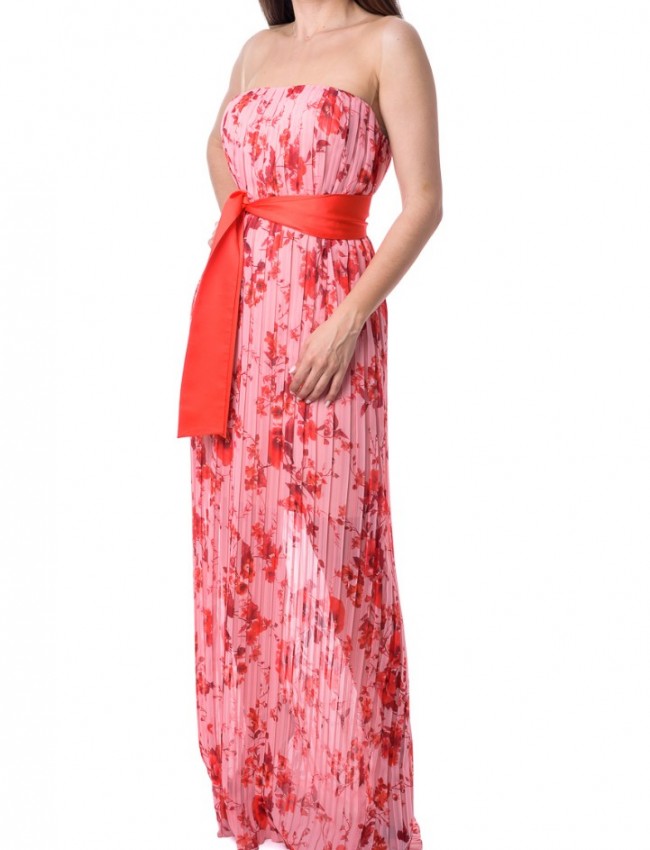 Ροζ floral printed maxi αμάνικο φόρεμα με διαφάνεια Access