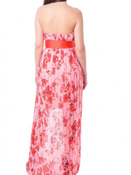 Ροζ floral printed maxi αμάνικο φόρεμα με διαφάνεια Access