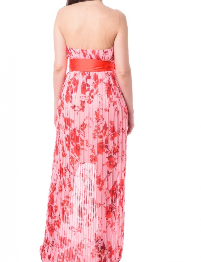 Ροζ floral printed maxi αμάνικο φόρεμα με διαφάνεια Access