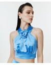 Ουρανί σατέν αμάνικο cropped top με halter λαιμόκοψη, αποσπώμενη καρφίτσα λουλούδι και κλείσιμο με φερμουάρ πίσω Access