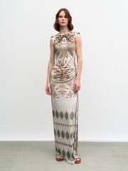 Floral printed λαδί αμάνικο ζέρσεϋ maxi φόρεμα με βάτες στους ώμους, σούρες στο πλάι και σκίσιμο Access