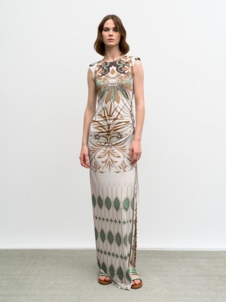 Floral printed λαδί αμάνικο ζέρσεϋ maxi φόρεμα με βάτες στους ώμους, σούρες στο πλάι και σκίσιμο Access