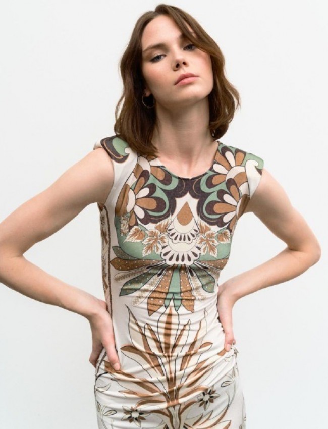 Floral printed λαδί αμάνικο ζέρσεϋ maxi φόρεμα με βάτες στους ώμους, σούρες στο πλάι και σκίσιμο Access