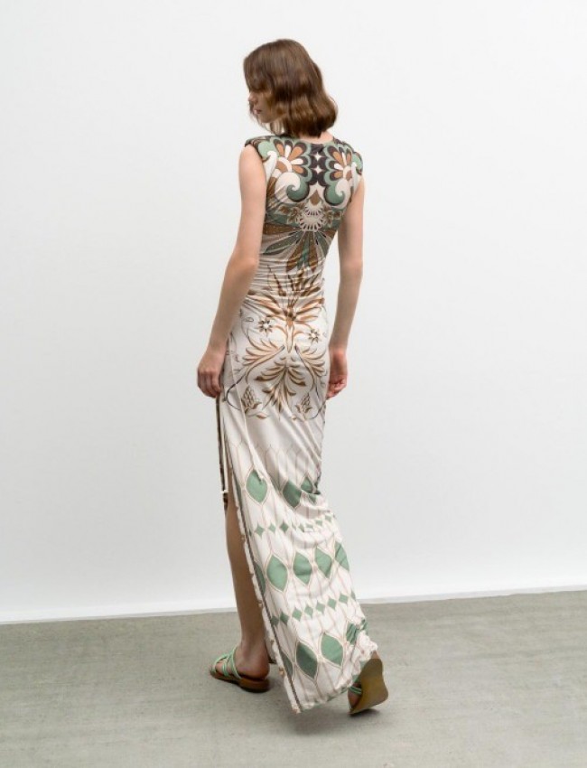 Floral printed λαδί αμάνικο ζέρσεϋ maxi φόρεμα με βάτες στους ώμους, σούρες στο πλάι και σκίσιμο Access