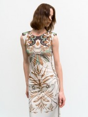 Floral printed λαδί αμάνικο ζέρσεϋ maxi φόρεμα με βάτες στους ώμους, σούρες στο πλάι και σκίσιμο Access