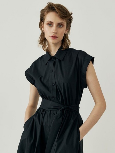 Μαύρο αμάνικο midi βαμβακερό shirt-look φόρεμα με κοντά ρεβέρ μανίκια, λάστιχο στη μέση και αποσπώμενη ζώνη Access