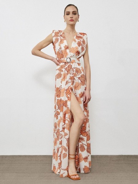 Floral printed εκάι αμάνικο maxi φόρεμα με βάτες στους ώμους, λάστιχο στη μέση και αποσπώμενη υφασμάτινη ζώνη Access