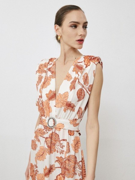 Floral printed εκάι αμάνικο maxi φόρεμα με βάτες στους ώμους, λάστιχο στη μέση και αποσπώμενη υφασμάτινη ζώνη Access