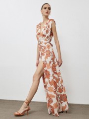 Floral printed εκάι αμάνικο maxi φόρεμα με βάτες στους ώμους, λάστιχο στη μέση και αποσπώμενη υφασμάτινη ζώνη Access