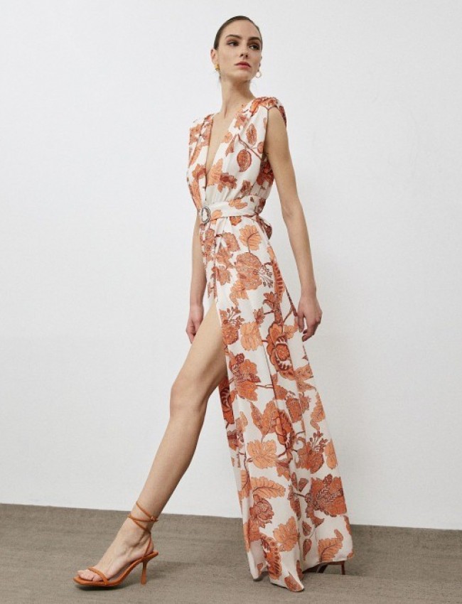 Floral printed εκάι αμάνικο maxi φόρεμα με βάτες στους ώμους, λάστιχο στη μέση και αποσπώμενη υφασμάτινη ζώνη Access