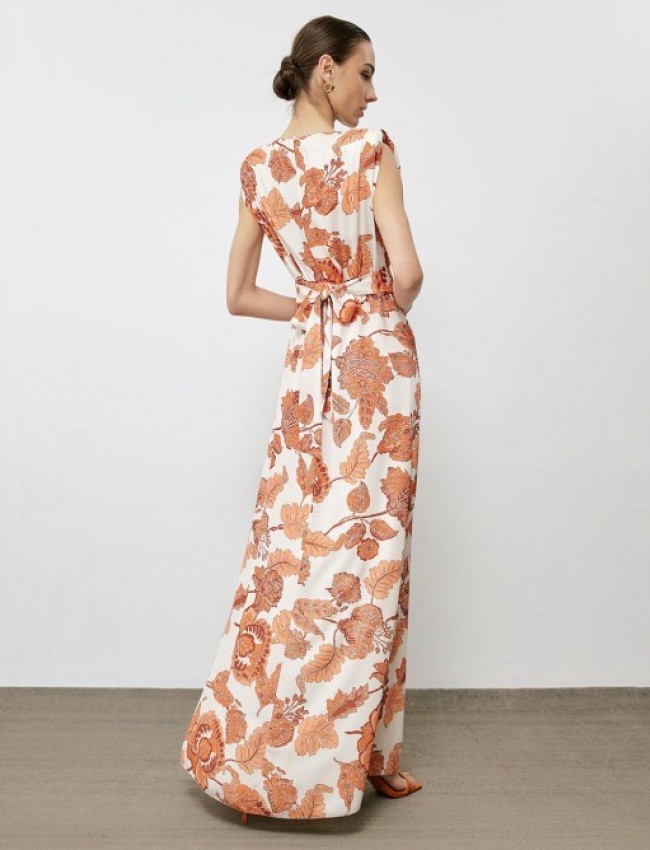 Floral printed εκάι αμάνικο maxi φόρεμα με βάτες στους ώμους, λάστιχο στη μέση και αποσπώμενη υφασμάτινη ζώνη Access