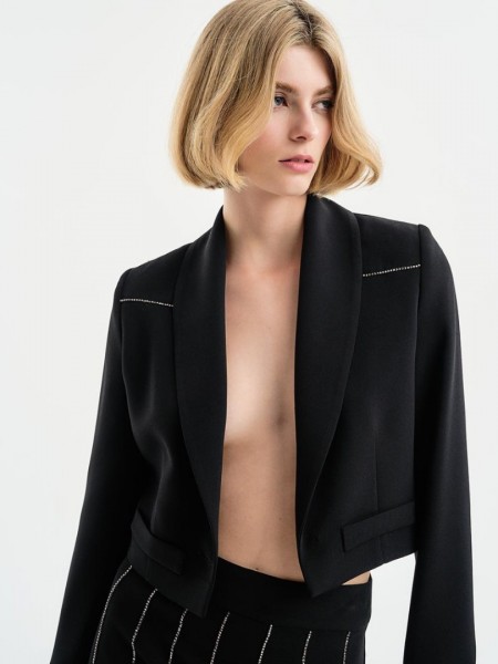 Μαύρο cropped σακάκι χωρίς κούμπωμα με ανοιχτή πλάτη με λεπτομέρεια στρας και ψεύτικες τσέπες μπροστά access