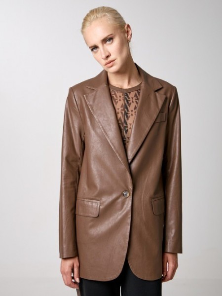 Σοκολά faux-leather oversized μονόκουμπο σακάκι με μπροστινές καπακωτές τσέπες και κουμπιά στις μανσέτες Access