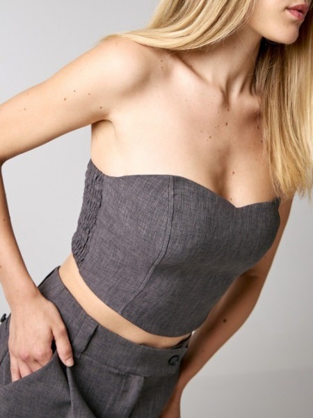 Γκρι μελανζέ strapless μπούστο με λάστιχο πίσω στην πλάτη και φερμουάρ στο πλάι access   