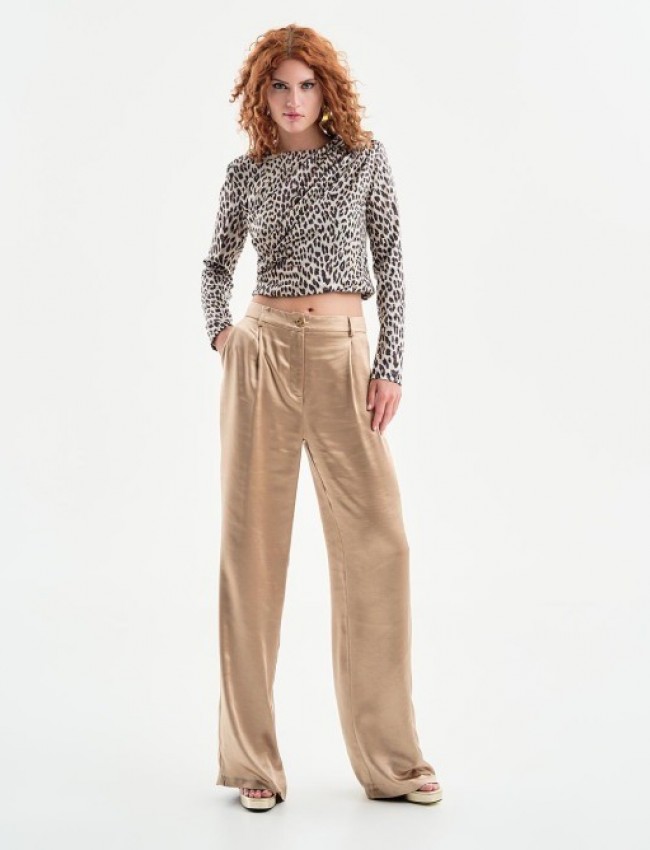 Leopard printed cropped μακρυμάνικη μπλούζα με λούρεξ ύφανση, κλειστή ή στρογγυλή λαιμόκοψη, βάτες στους ώμους και ντραπέ σούρες μπροστά και πίσω Access