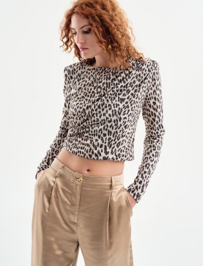Leopard printed cropped μακρυμάνικη μπλούζα με λούρεξ ύφανση, κλειστή ή στρογγυλή λαιμόκοψη, βάτες στους ώμους και ντραπέ σούρες μπροστά και πίσω Access