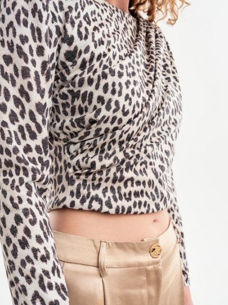 Leopard printed cropped μακρυμάνικη μπλούζα με λούρεξ ύφανση, κλειστή ή στρογγυλή λαιμόκοψη, βάτες στους ώμους και ντραπέ σούρες μπροστά και πίσω Access