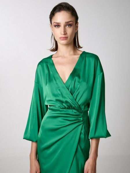 Πράσινο μακρυμάνικο σατέν κρουαζέ midi φόρεμα με πιέτες μπροστά, ανάποδο κρουαζέ και αποσπώμενη φόδρα Access