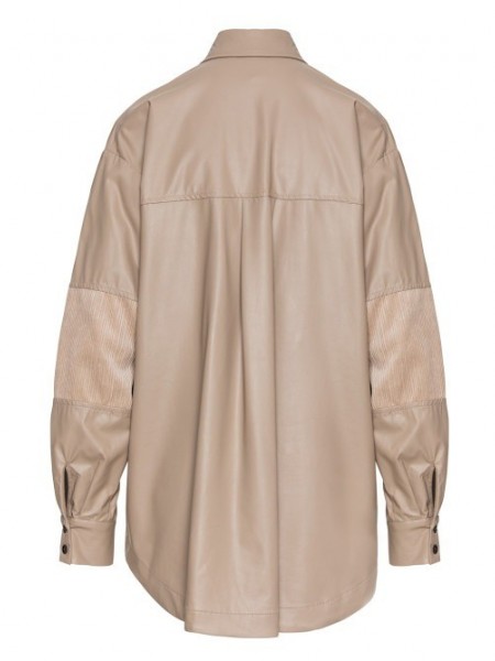 Βανίλια μακρυμάνικο oversized faux-leather πουκάμισο με συνδυασμό υφασμάτων κοτλέ με δερματίνη, με ριγέ κάθετες φάσες στα μανίκια και διπλές πιέτες στην πλάτη Access