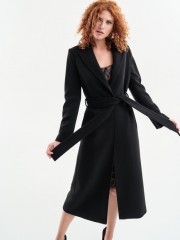 Μαύρο μακρύ μονόκουμπο παλτό σε μεσάτη γραμμή με πέτο γιακά, κρυφές πλαϊνές τσέπες, μεγάλο σκίσιμο πίσω, animal printed φόδρα και αποσπώμενη ζώνη Access