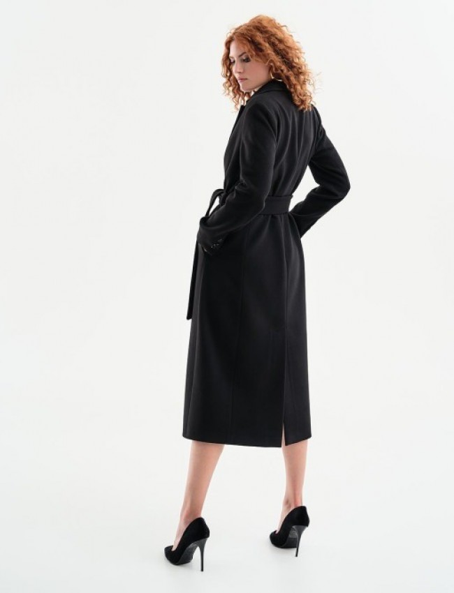 Μαύρο μακρύ μονόκουμπο παλτό σε μεσάτη γραμμή με πέτο γιακά, κρυφές πλαϊνές τσέπες, μεγάλο σκίσιμο πίσω, animal printed φόδρα και αποσπώμενη ζώνη Access