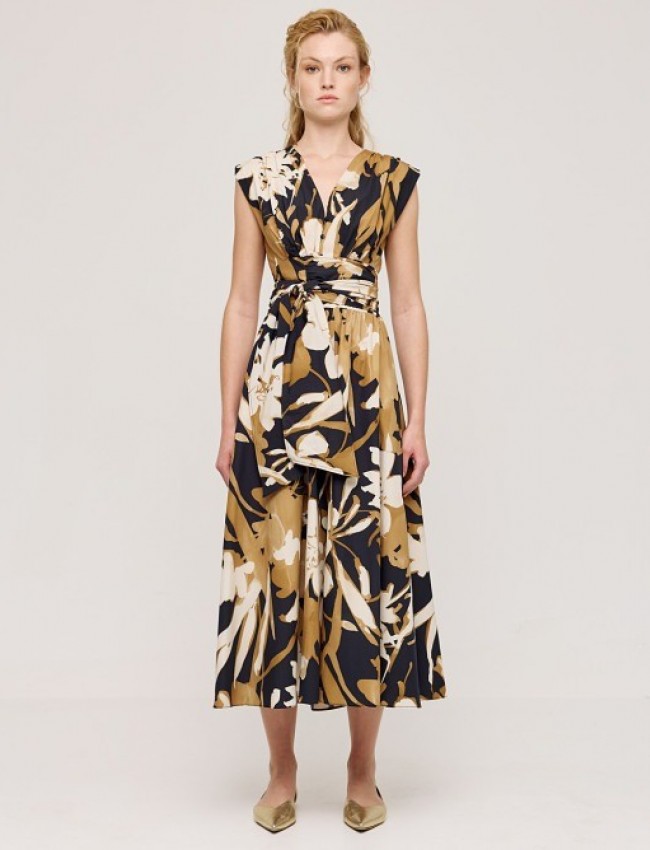 Floral printed κάμελ αμάνικη cropped μπλούζα με V- λαιμόκοψη, μπροστινό κόμπο με δέσιμο και μικρές σούρες στους ώμους Access