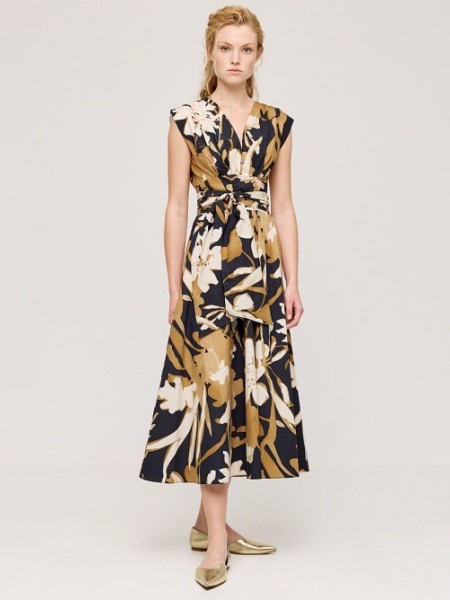 Floral printed κάμελ αμάνικη cropped μπλούζα με V- λαιμόκοψη, μπροστινό κόμπο με δέσιμο και μικρές σούρες στους ώμους Access
