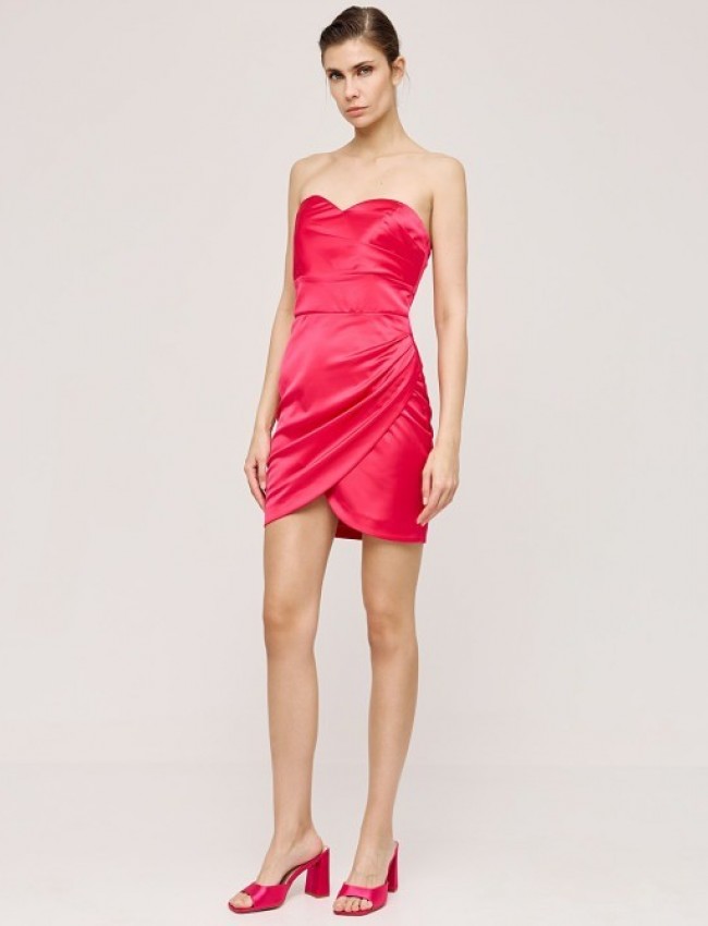 Φούξια strapless κοντό σατέν φόρεμα με σούρες στο πλάι και αποσπώμενες τιράντες Access