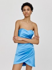 Γαλάζιο strapless κοντό σατέν φόρεμα με σούρες στο πλάι και αποσπώμενες τιράντες Access