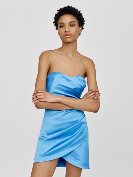 Γαλάζιο strapless κοντό σατέν φόρεμα με σούρες στο πλάι και αποσπώμενες τιράντες Access