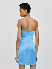 Γαλάζιο strapless κοντό σατέν φόρεμα με σούρες στο πλάι και αποσπώμενες τιράντες Access