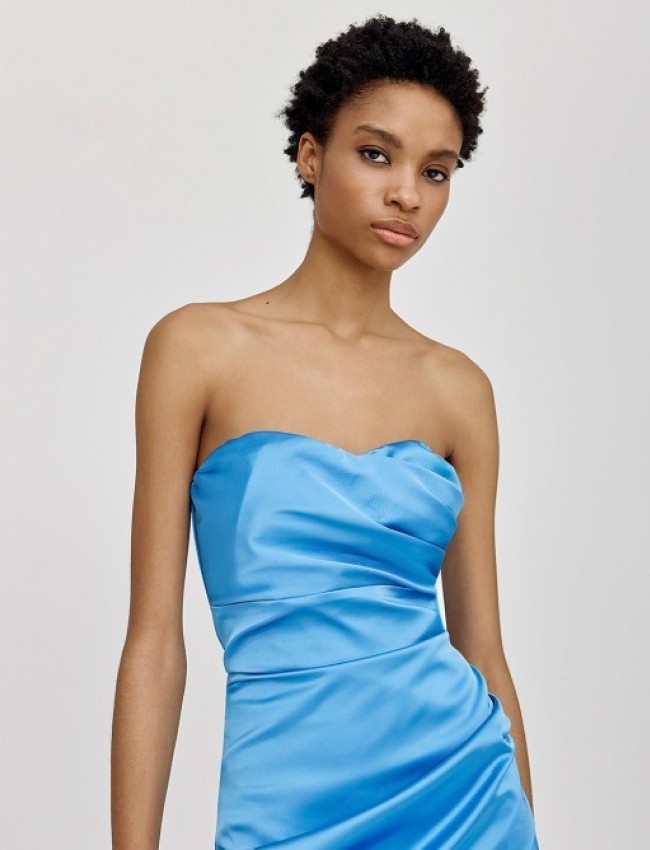Γαλάζιο strapless κοντό σατέν φόρεμα με σούρες στο πλάι και αποσπώμενες τιράντες Access