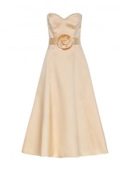 Μπεζ midi strapless φόρεμα σε σαντουκ ύφασμα, κλος γραμμή, και Αποσπώμενες τιράντες και αποσπώμενη ζώνη με λουλούδι στην μέση Access