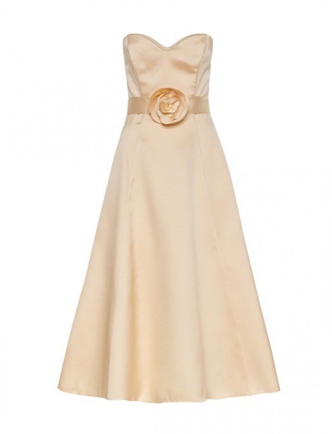 Μπεζ midi strapless φόρεμα σε σαντουκ ύφασμα, κλος γραμμή, και Αποσπώμενες τιράντες και αποσπώμενη ζώνη με λουλούδι στην μέση Access