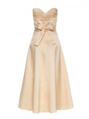 Μπεζ midi strapless φόρεμα σε σαντουκ ύφασμα, κλος γραμμή, και Αποσπώμενες τιράντες και αποσπώμενη ζώνη με λουλούδι στην μέση Access