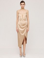 Χρυσό σατέν strapless midi φόρεμα σε ίσια γραμμή, μπούστο με διαφάνεια στο επάνω μέρος , κρουαζέ μπροστά και αποσπώμενες τιράντες Access